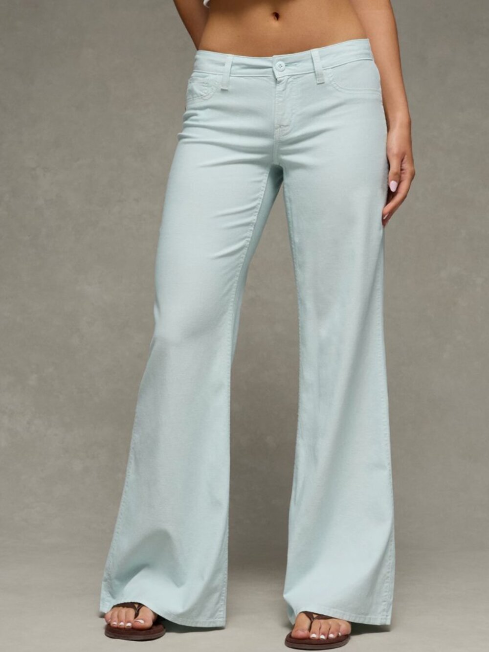 American Eagle Super Low Rise Flare Pants Seafoam Linen Blend Size 4